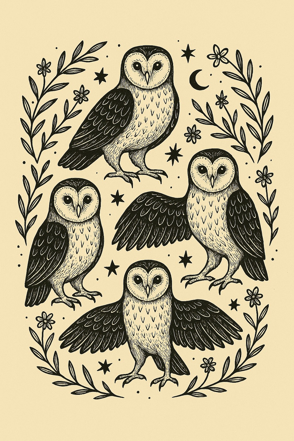 Whimsical owl folk art print